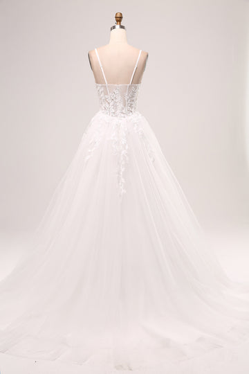 Ivory A-Line Spaghetti Straps Corset Lace Tulle Long Wedding Dress